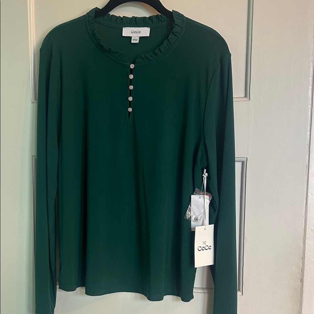 CeCe Forest Green Button-Front Blouse NWT